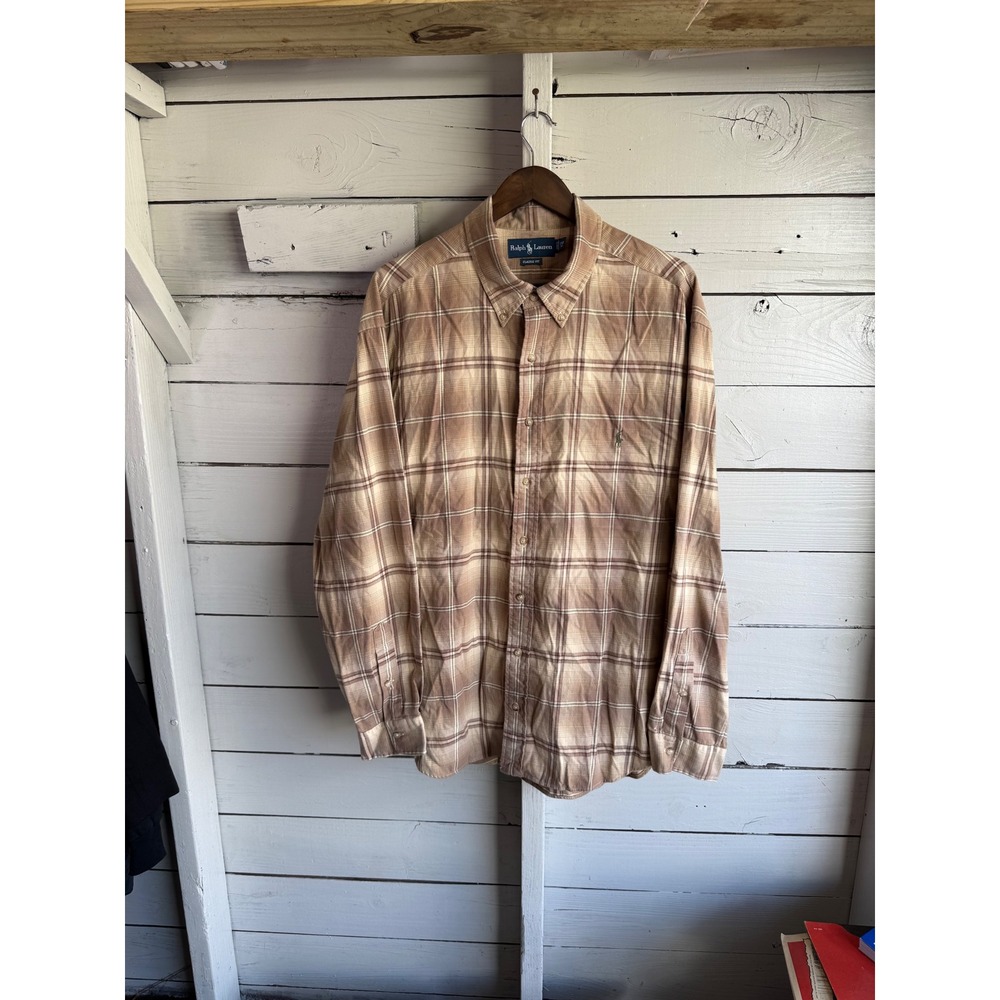 Ralph Lauren Classic Fit Plaid Button Down Shirt Brown Tan Mens 2XB Big & Tall